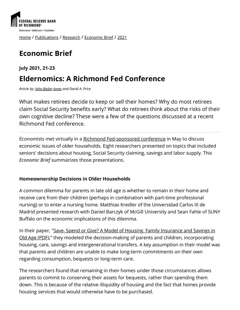 Economic Brief , Eldernomics: A Richmond Fed Conference, No. 21-23 